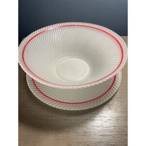Vintage Federal Glass Diana Swirl Satin White Console Bowl Plate Set Ribbed